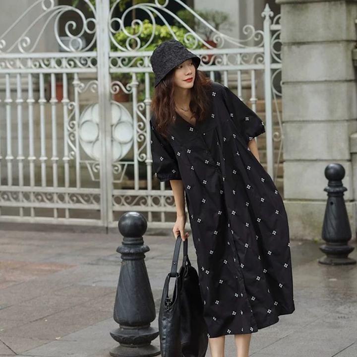 デザイン V ネック 刺繍 半袖 ロング ワンピース ドレス きれいめ aライン ロング 大きいサイズ かわいい 黒 春夏 シンプル レディース 韓国 カジュアル 大人 レトロ 30代 40代 50代 OP-284KMY