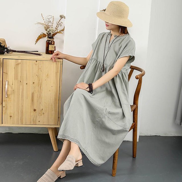 リネン ワンピース ナチュラル 秋冬 長袖 30代 40代 50代 シンプル カジュアル 大人 無地 ベーシック フリル 上品 グリーン ベージュ BY-113