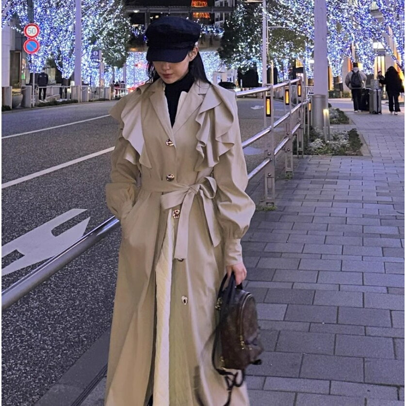 トレンチコート ロング フリル アウター ゆったり 大人 上品 シンプル 春 秋 コート ベーシック 可愛い 20代 30代 40代 ベージュ オフホワイト ブラック 大人可愛い 韓国 フェミニン きれいめ 通勤 通学 お出かけ デート