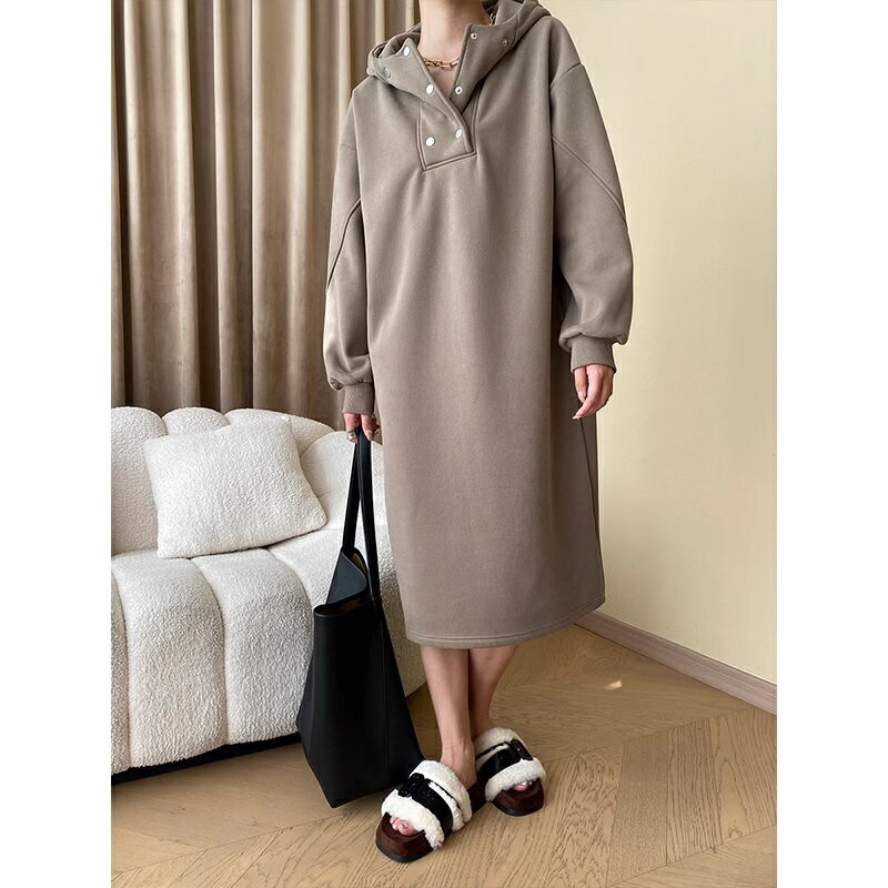 パーカーワンピース スウェット フード 秋冬 長袖 カジュアル シンプル スタンドカラー 普段着 お出かけ デート OP-1030KMY