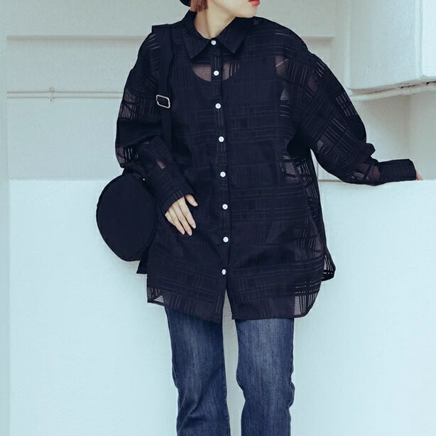 シアー トップス ブラウス チェック シースルー 透け感 レトロ ベージュ ブラック お洒落 可愛い かわいい 春 秋 ガーリー おしゃれ きれいめ 軽やか レディース 長袖 ブラウス 韓国 フリーサイズ TP-002CY