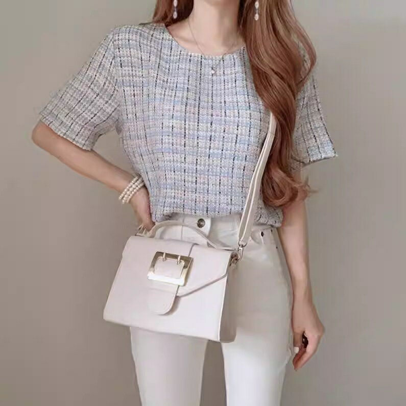 ツイードTシャツ 半袖 Tシャツ トップス トレンド カジュアル 春 夏 きれいめ シンプル カジュアル ツイード 着回し お出かけ デート 普段着 レディース 10代 20代 30代 40代 50代 ブルー 爽やか TP-1079KMYのサムネイル