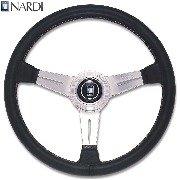 NARDI ナルディ　N132　ブラックレザー&ポリッシュスポーク　グレーステッチ　ステアリング　径360mm　NARDIホーンボタン、ホーンリング付【お取り寄せ商品】【ハンドル、ステアリング】