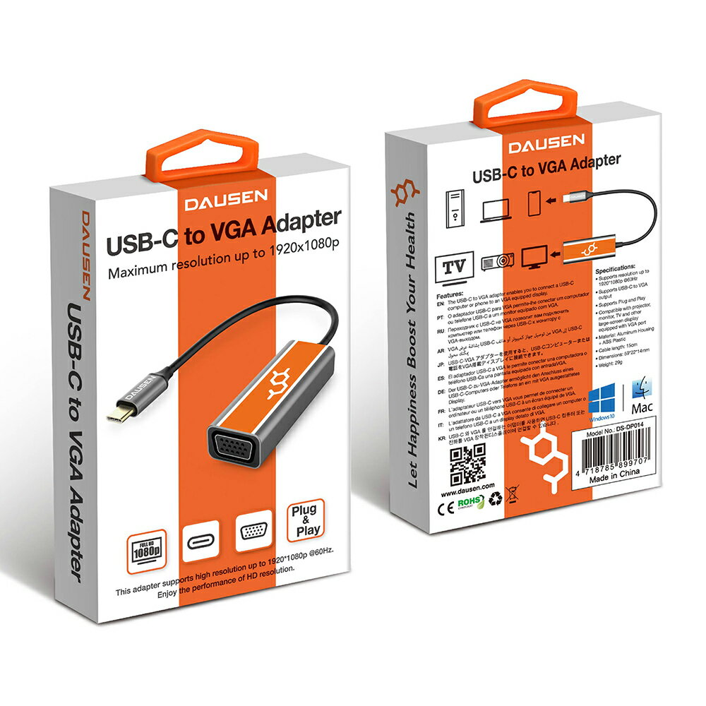 【限定クーポン発行】USB-CからVGAアダプター 1080P MacBook Pro 2020/2019/2018、MacBook Air、iPad Pro、Dell、Surface Book2などを含むほとんどのノートパソコンに対応 VGAケーブル VGA USB usb type c vga USB TYPE-C VGA　変換アダプタ Dausen
