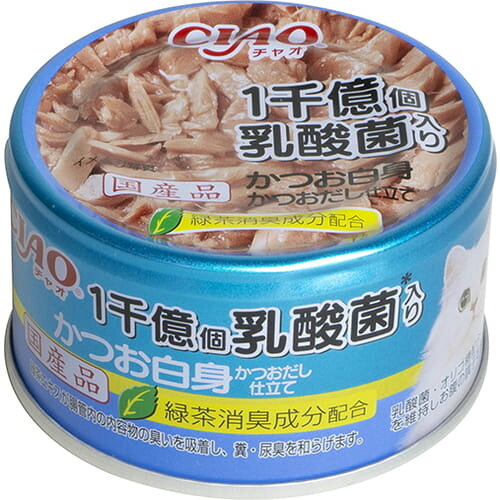 広告文責・販売事業者名:株式会社ビューティーサイエンスTEL 050-5536-7827・・・・・　商　品　詳　細　・・・・・ 商品名 CIAO 1千億個乳酸菌入り かつお白身 かつおだし仕立て 内容量 85g 商品説明 ・かつおをベースに愛猫の好きなだしで仕上げました。・乳酸菌とガラクトオリゴ糖配合でお腹の健康に配慮。・食品素材を使い生産しています。・緑茶消臭成分配合(緑茶エキスが腸管内の内容物の臭いを吸着し、糞・尿臭を和らげます。) 原材料 かつお、かつお節エキス、ガラクトオリゴ糖、でん粉、殺菌乳酸菌、増粘安定剤(増粘多糖類、加工でん粉)、ビタミンE、緑茶エキス 栄養成分 たんぱく質12.0％以上、脂質0.5％以上、粗繊維0.1％以下、灰分1.5％以下、水分85.5％以下 エネルギー 約55kcal/缶 ご注意 ※パッケージデザイン等は予告なく変更されることがあります。 区分 ペット用品 製造国・原産国 日本 販売元 いなばペットフード 株式会社 JANコード 4901133062766