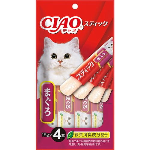 広告文責・販売事業者名:株式会社ビューティーサイエンスTEL 050-5536-7827・・・・・　商　品　詳　細　・・・・・ 商品名 CIAO スティック まぐろ 内容量 15g×4本 商品説明 ・猫ちゃんが大好きなまぐろをゼリーでコーティングし、食べやすいようスティック状にしました。・おいしいまぐろエキス入り・緑茶消臭成分配合で腸管内の内容物の臭いを吸着し、糞・尿臭を和らげます。・食べきりやすい15g×4本 原材料 マグロ、まぐろエキス、タンパク加水分解物、寒天、糖類(オリゴ糖類)、でん粉、植物性油脂、ミネラル類、増粘多糖類、調味料(アミノ酸等)、増粘剤(加工でん粉)、ビタミンE、紅麹色素、緑茶エキス 栄養成分 たんぱく質7.0％以上、脂質0.2％以上、粗繊維0.1％以下、灰分1.7％以下、水分91.0％以下 エネルギー 約7kcal/本 ご注意 ※パッケージデザイン等は予告なく変更されることがあります。 区分 ペット用品 製造国・原産国 タイ 販売元 いなばペットフード 株式会社 JANコード 4901133334993