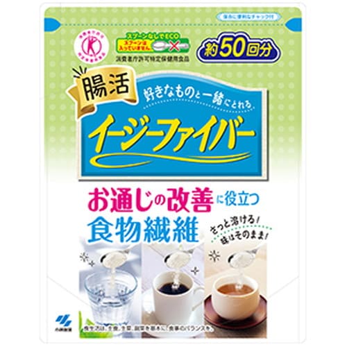 広告文責・販売事業者名:株式会社ビューティーサイエンスTEL 050-5536-7827商品名 小林製薬 イージーファイバートクホ パウチ 特定保健用食品 内容量 280．8g サイズ サイズ：180mm×230mm×80mm 原材料 難消化性デキストリン 栄養成分 （5．2gあたり） 熱量 4．9～7．5kcal、たんぱく質 0g、脂質 0g、炭水化物 4．6g（糖質：0～0．78g、食物繊維：4．2g）、食塩相当量 0～0．00086g、関与成分：難消化性デキストリン（食物繊維として） 4．2g お召し上がり方 【一日摂取目安量】 1日当たり5．2g（大さじ1杯弱）を目安にお召し上がりください。 保存方法 直射日光を避け、湿気の少ない涼しい所に保存してください　 開封後は湿らないようにチャックをしっかり閉めて、お早めにお召し上がりください。 注意事項 【摂取上の注意】 一度に大量に摂りすぎると、おなかがゆるくなることがあります。1日の摂取量を守ってください。 ●お子さまや妊娠・授乳期の方にもお召し上がりいただけますが、飲み過ぎるとおなかがゆるくなることがありますので、摂取量に充分注意してください。　 ●水などの透明な飲み物に入れると、少し黄色くなりますが、品質に問題はありません。 ●まれに食物繊維の焦げ付きによって茶色い粉が見られることがありますが、品質に問題はありません。　 備考 ※効果には個人差があります。 すべての方に効果を保証するものではありません。 ※パッケージデザイン等は予告なく変更されることがあります。 ※メーカー都合により商品のリニューアル・変更及び原産国の変更がある場合があります。 区分 健康食品 製造国・原産国 原産国：アメリカ 製造国：日本 発売元・販売元 小林製薬株式会社 JANコード 4987072087343