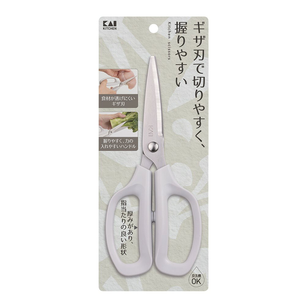 商品名 貝印 Kai Kitchin キッチンバサミ 内容量 1個 商品説明 ●長時間の作業でも痛くなりにくいオーダーメイドのような握り心地のハンドル。●マイクロセレーション刃で食材をつかみやすいキッチンバサミです。●食洗機可能なので、お手入れ簡単です。※メーカーの都合により、パッケージ・仕様等は予告なく変更になる場合がございます。 サイズ 約199×87×19mm 材質 刃体：ステンレス刃物鋼 ハンドル：ポリプロピレン(耐熱温度100℃) 備考 ※パッケージデザイン等は予告なく変更されることがあります。 ※メーカー都合により商品のリニューアル・変更及び原産国の変更がある場合があります。 区分 雑貨 製造国・原産国 インド 製造販売元 貝印株式会社 JANコード 4901601186406 広告文責・販売事業者名:株式会社ビューティーサイエンス TEL 050-5536-7827
