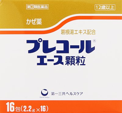 広告文責・販売事業者名:株式会社ビューティーサイエンスTEL 050-5536-7827 コデインを含む成分につきましては薬事法の改正により、現在は12歳未満の服用が出来なくなっております。 商品ページは順次最新のスペック・説明文に修正をいたしております。■ 医薬品をご注文いただく前にご確認ください ■第2類・指定第2類と表示されている医薬品につきましては安全にご使用頂きます為に、予めご購入制限数を設定しております。医薬品ご注文前は、買い物かご上にある項目をチェックし当てはまるものを必ずご選択ください。 ・・・・・　商　品　詳　細　・・・・・商品名プレコールエース顆粒 16包商品詳細内容量：16包※かぜに伴う発熱、悪寒、頭痛、関節の痛み等の諸症状をやわらげるかぜ薬です。商品説明かぜに伴う発熱、悪寒、頭痛、関節の痛み等の諸症状をやわらげるかぜ薬です。1.葛根湯エキスおよびアセトアミノフェンの作用により、かぜに伴う発熱、悪寒、頭痛、関節の痛み等の諸症状をやわらげます2.クロルフェニラミンマレイン酸塩の作用により、くしゃみ、鼻水、鼻づまり等に効果をあらわします3.ジヒドロコデインリン酸塩の作用により、せきをしずめ、グアヤコールスルホン酸カリウムの働きにより、たんを出しやすくします4.かぜに伴う発熱等によるビタミンB2・Cの消耗をおぎないます使用上の注意●してはいけないこと(守らないと現在の症状が悪化したり、副作用・事故が起こりやすくなる)1.次の人は服用しないでください(1)本剤によるアレルギー症状を起こしたことがある人(2)本剤または他のかぜ薬、解熱鎮痛薬を服用してぜんそくを起こしたことがある人2.本剤を服用している間は、次のいずれの医薬品も服用しないでください他のかぜ薬、解熱鎮痛薬、鎮静薬、鎮咳去たん薬、抗ヒスタミン剤を含有する内服薬(鼻炎用内服薬、乗物酔い薬、アレルギー用薬)3.服用後、乗物または機械類の運転操作をしないでください(眠気があらわれることがある)4.服用時は飲酒しないでください5.長期連用しないでください●相談すること1.次の人は服用前に医師または薬剤師にご相談ください(1)医師または歯科医師の治療を受けている人(2)妊婦または妊娠していると思われる人(3)授乳中の人(4)高齢者(5)本人または家族がアレルギー体質の人(6)薬によりアレルギー症状を起こしたことがある人(7)次の症状のある人：高熱、排尿困難(8)次の診断を受けた人：甲状腺機能障害、糖尿病、心臓病、高血圧、肝臓病、腎臓病、胃・十二指腸潰瘍、緑内障2.次の場合は、直ちに服用を中止し、この文書を持って医師または薬剤師にご相談ください(1)服用後、次の症状があらわれた場合皮 ふ ： 発疹・発赤、かゆみ、はれ消 化 器 ： 悪心・嘔吐、食欲不振精神神経系 ： めまいそ の 他 ： 排尿困難まれに下記の重篤な症状が起こることがあります.その場合は直ちに医師の診療を受けてください・ショック(アナフィラキシー)服用後すぐにじんましん、浮腫、胸苦しさ等とともに、顔色が青白くなり、手足が冷たくなり、冷や汗、息苦しさ等があらわれる・皮膚粘膜眼症候群(スティーブンス・ジョンソン症候群)、中毒性表皮壊死症(ライエル症候群)高熱を伴って、発疹・発赤、火傷様の水ぶくれ等の激しい症状が、全身の皮ふ、口や目の粘膜にあらわれる・肝機能障害全身のだるさ、黄疸(皮ふや白目が黄色くなる)等があらわれる・間質性肺炎空せき(たんを伴わないせき)を伴い、息切れ、呼吸困難、発熱等があらわれる(これらの症状は、かぜの諸症状と区別が難しいこともあり、空せき、発熱等の症状が悪化した場合にも、服用を中止するとともに、医師の診療を受けること)・ぜんそく(2)5-6回服用しても症状がよくならない場合3.次の症状があらわれることがありますので、このような症状の継続または増強が見られた場合には、服用を中止し、医師または薬剤師にご相談ください便秘、口のかわき効能・効果かぜの諸症状(鼻水、鼻づまり、くしゃみ、のどの痛み、せき、たん、悪寒、発熱、頭痛、関節の痛み、筋肉の痛み)の緩和用法・用量次の量を、水又はお湯で服用して下さい。〔　年　齢　〕　15歳以上〔1　回　量　〕　1包〔1日服用回数〕　3回（食後なるべく30分以内）〔　年　齢　〕　12歳以上15歳未満〔1　回　量　〕　2／3包〔1日服用回数〕　3回（食後なるべく30分以内）〔　年　齢　〕　12歳未満〔1　回　量　〕　服用しないで下さい。〔1日服用回数〕　服用しないで下さい。成分・分量本剤は、黄色と淡かっ色の2種類の顆粒で、3包(1包2.2g)中に次の成分を含有する葛根湯エキス(乾燥)・・・・・・・・・・1140mgアセトアミノフェン・・・・・・・・・・・・705mgクロルフェニラミンマレイン酸塩・・・・・・7.5mgジヒドロコデインリン酸塩・・・・・・・・・・24mgグアヤコールスルホン酸カリウム・・・・・・150mg無水カフェイン・・・・・・・・・・・・・・・90mgリボフラビン(ビタミンB2)・・・・・・・7.5mgアスコルビン酸(ビタミンC)・・・・・・・300mg添加物：トウモロコシデンプン、ヒドロキシプロピルセルロース、無水ケイ酸、香料、白糖保管および取扱い上の注意(1)直射日光の当たらない湿気の少ない涼しい所に保管してください(2)小児の手の届かない所に保管してください(3)他の容器に入れ替えないでください(誤用の原因になったり、品質が変わる)(4)1包を分割した残りを服用する場合には、袋の口を折り返して保管し、2日以内に服用してください(5)外箱に表示の使用期限を過ぎた製品は使用しないでください区分第(2)類医薬品 リスク区分 第(2)類医薬品 使用期限 出荷時100日以上 医薬品販売に関する記載事項 原産国日本販売元第一三共ヘルスケアお問い合わせ先第一三共ヘルスケア株式会社 お客様相談室郵便番号103-8541東京都中央区日本橋3-14-10電話 03(5205)8331受付時間 9：00-17：00(土、日、祝日を除く)製造販売元第一三共ヘルスケア株式会社東京都中央区日本橋3-14-10JANコード4987195595862