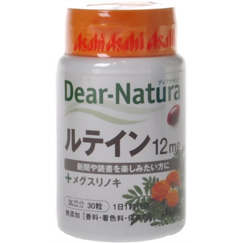 (English version) Product Description ※パッケージデザイン等は予告なく変更されることがあります。商品説明「ディアナチュラ ルテイン 30粒 (30日分)」は、マリーゴールド由来のルテインを使用したサプリメントです。さらにメグスリノキとビタミンEをプラスしました。お召し上がり方1日1粒を目安に、水またはお湯とともにお召し上がりください。使用上の注意●1日の摂取目安量を守ってください。 ●妊娠・授乳中の方、小児の使用はさけてください。 ●治療を受けている方、お薬を服用中の方は、医師にご相談ください。●体質により身体に合わない場合があります。その場合は使用を中止してください。 ●小児の手の届かないところに置いてください。 ●保存環境によってはカプセルが付着することがありますが、品質には問題ありません。保存方法直射日光をさけ、湿気の少ない涼しい場所に保管してください。お問い合わせ先アサヒフードアンドヘルスケア株式会社お客様相談室TEL：0120-630611受付時間：10：00-17：00(土・日・祝日除く)ゼラチンについて原材料：豚由来ブランド：ディアナチュラ健康食品　&gt　サプリメント　&gt　機能性成分　&gt　ルテイン　&gt　ディアナチュラ ルテイン 30粒 (30日分) 製造元　アサヒフードアンドヘルスケア 内容量：30粒約30日分一日量：1粒粒の大きさ：約10mmJANコード：　4946842635474ルテインとはルテインは緑葉の野菜の色素成分であるカロチノイドの一種で、植物が光合成を行うための色素です。鮮やかな赤や緑の元となっているもので、ホウレンソウやブロッコリー、芽キャベツに多く含まれています。【賞味期限の見方について】 この商品の賞味期限は、「西暦年/月」の順番で表示されています。原材料ビタミンE含有植物油、オリーブ油、メグスリノキエキス末(デキストリン、メグスリノキエキス)、ゼラチン、マリーゴールド、グリセリン、ミツロウ、乳化剤栄養成分表示(1粒(335mg)あたり)エネルギー 2.17kcal、たんぱく質 0.10g、脂質 0.18g、炭水化物 0.037g、ナトリウム 0.48mg、ルテイン 12mg、ビタミンE 8mg(500%)、*(　)内の数値は栄養素等表示基準値に占める割合です。[ディアナチュラ]健康食品[サプリメント/機能性成分/ルテイン]広告文責・販売事業者名:株式会社ビューティーサイエンスTEL 050-5536-7827※一部成分記載省略あり※メーカー名・原産国：パッケージ裏に記載。※区分：健康食品