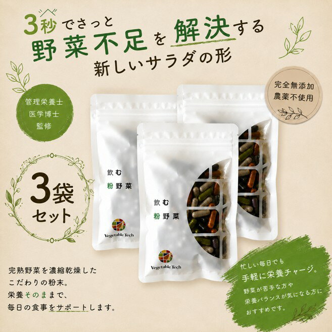 ベジタブルテック 飲む粉野菜 6つの野菜セレクション 【90粒】 3袋セット