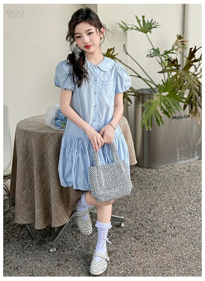 韓国子供服 夏服 女の子 ワンピース ブルー 半袖 ワンピース キッズ シャツワンピース ラペル 膝丈上 ワンピース お姫様 スウィート ワンピ 撮影写真 パーティー イベント 誕生日 プレゼント ワンピー ビーチ 海辺 旅行 リゾートワンピース 120 130 140 150 160 170