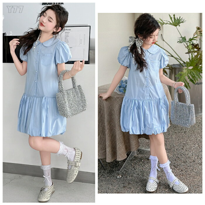 韓国子供服 夏服 女の子 ワンピース ブルー 半袖 ワンピース キッズ シャツワンピース ラペル 膝丈上 ワンピース お姫様 スウィート ワンピ 撮影写真 パーティー イベント 誕生日 プレゼント ワンピー ビーチ 海辺 旅行 リゾートワンピース 120 130 140 150 160 170