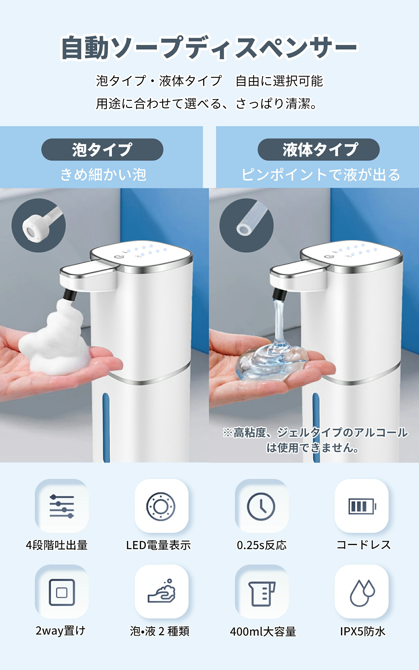【特別セール！クーポンで→2,380円！】ソープディスペンサー オートソープディスペンサー 自動 泡・液体両用 4段階吐出量調整 IPX5 防水 USB 充電式 壁掛け可能 コンパクト おしゃれ 洗面所・キッチン兼用 ハンドソープ・食器用洗剤対応 imilife-10000029 IMI life shop サンプル画像2