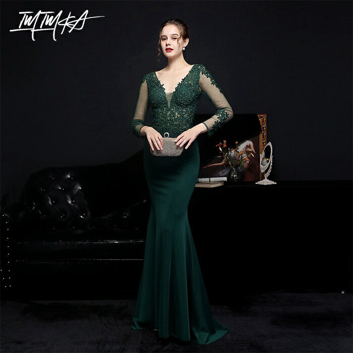 マーメイドドレス イブニングドレス Vネック 刺繍 キャバドレス マキシ丈 キャバ嬢 タイト 着痩せ セクシー 谷間見せ 演奏会 長袖 カラードレス パーティードレス 結婚式 ドレス カクテルドレス 二次会 フォーマルドレス お呼ばれ