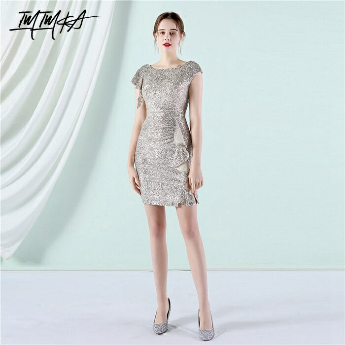 Rakuten - パーティードレス キラキラ 半袖 高級感 イブニングドレス ドレス dress 衣装 ワンピース 膝丈 エレガント かわいい 大人可愛い きれいめ 華やか 大人 忘年会 結婚式 演奏会 二次会 お呼ばれ 発表会 披露宴 コンサート 大きいサイズ 胸パッド付き