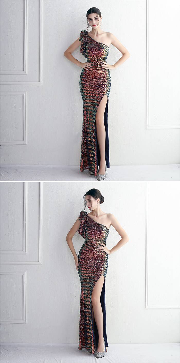 イブニングドレス スパンコール キラキラドレス マーメイドドレス ワンショルダー パーティードレス スリット キャバドレス ロングドレス キャバ嬢 タイト 着痩せ セクシー 忘年会 結婚式 演奏会 二次会 お呼ばれ 発表会 披露宴