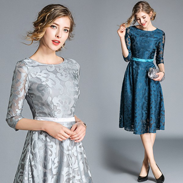 パーティードレス ミモレ丈 総レース 五分袖 結婚式 ワンピース パーティードレス ビビチビ　ロング 黒 ブルー S M L XL XXL XXXL大きいサイズXXL　入園式 二次会 謝恩会 同窓会 発表会 大人 フォーマル 20代 30代 40代 50代 エレガントドレス