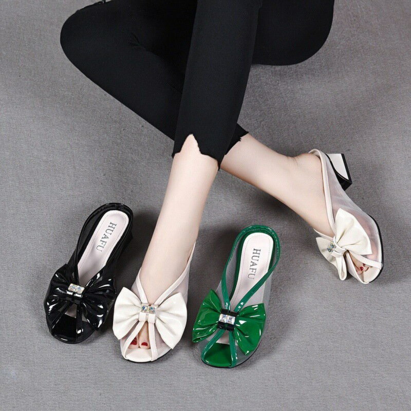 22-24.5cmパンプス サンダル レディース ミュール オープントゥ 蝶結び 4cmヒール クリア 3color ブラック 黒 グリーン 白 痛くない 歩きやすい 美脚 通勤 フォーマル パーティー ドレス 大人 婦人靴 疲れない 結婚式 パーティー 卒業式 セレモニー