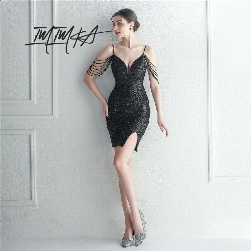 パーティードレス キラキラ フリンジ キャミソール 高級感 イブニングドレス dress 衣装 ワンピース Vネック キャバ嬢 タイト 着痩せ セクシー 膝丈 エレガント かわいい きれいめ 華やか 大人 演奏会 二次会 お呼ばれ 発表会 披露宴