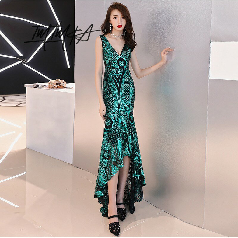 イブニングドレス スパンコール キラキラドレス マーメイドドレス ノースリーブ フレア カラードレス 前短後長 キャバドレス ロング キャバ嬢 Vネック タイト 着痩せ セクシー 忘年会 結婚式 演奏会 二次会 お呼ばれ 発表会 披露宴