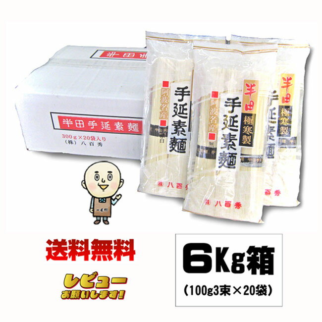 [同梱OK 送料無料] 八百秀 手延べ 半田そうめん 【赤箱】 6Kg（100g3束×20袋） ※北海道、沖縄及び離島は別途送料が発生します お取り寄せ [徳島県名産品 手延べ素麺 贈答 家庭用 素麺 煮麺 温麺 鍋の〆 保存食 中元 歳暮]