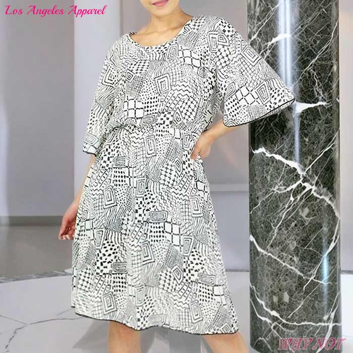 ワンピース チュニック 膝丈 5分袖 フレア LAインポート シフォン エスニックな 幾何学柄 シックな きれいめ おしゃれチュニックワンピ S.M.L.XL アイボリー MADE IN USA ロサンゼルスアパレル CL210721LA001