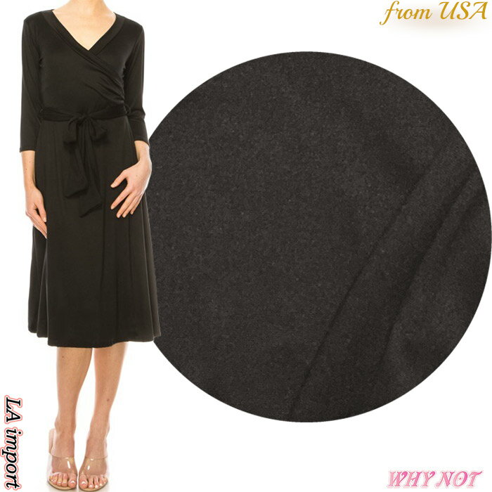 Wrap - ワンピース 膝下丈 7分袖 Vネック カシュクール LAインポート 無地 Aライン ラップワンピース S.M.L ブラック FROM USA ロサンゼルスアパレル MI230327LA031ad