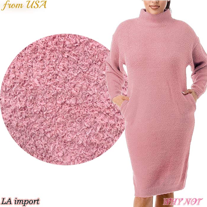 ワンピース 膝下丈 長袖 モックネック サイドポケット LAインポート 無地 ゆったり ワンピース S.M.L ピンク USA LS231214LA001