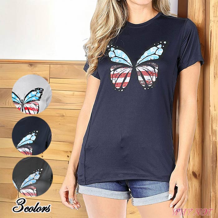 Tシャツ 半袖 インポート 男女兼用 速乾 ドライフィット アクティブウェア US フラッグ 蝶々柄 ヨガ ト..