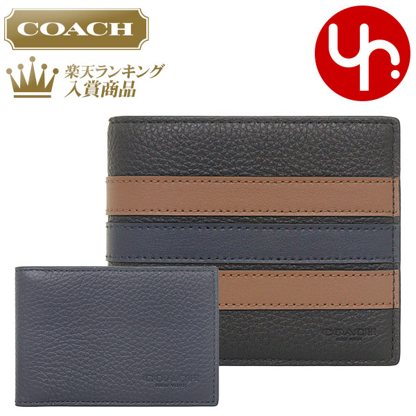 コーチ 【26時間限定ポイント2倍】コーチ COACH 財布 二つ折り財布 F03007 3007 ブラックサドル×ミッドナイト 特別送料無料 3IN1 ヴァーシティ ストライプ レザー コンパクト ID ウォレット アウトレット品メンズ ブランド 通販 薄型 2023SS