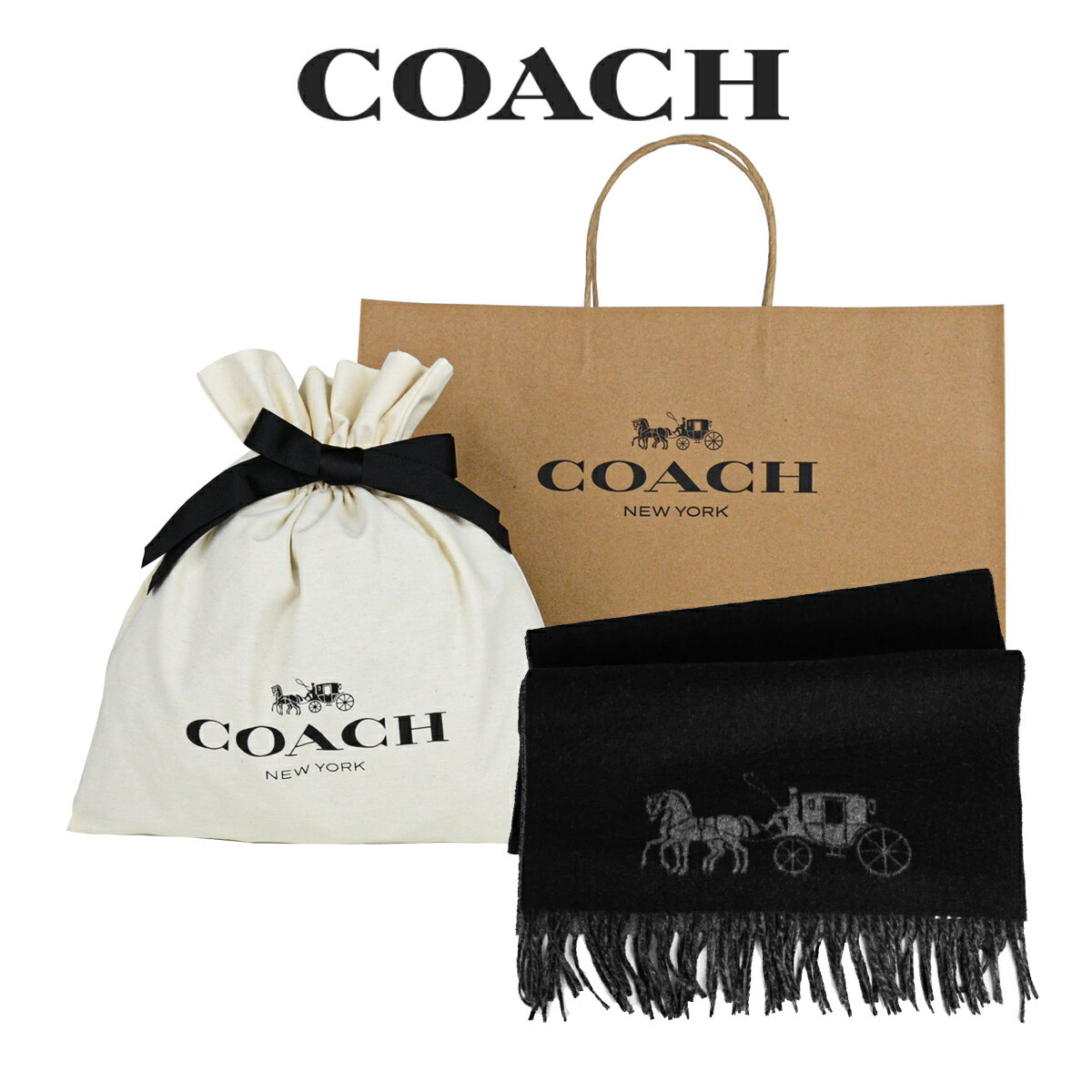 コーチ 【コーチ巾着＆紙袋付き・ラッピング済み】 ギフトセット コーチ COACH アウトレット レディース 小物 マフラー 4622 BK/HG(ブラック×ヘザーグレー) ブラック