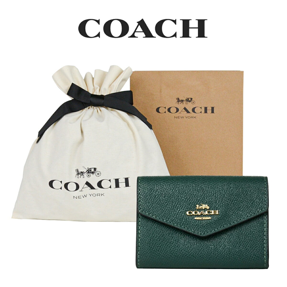 コーチ 名刺入れ 【コーチ巾着＆紙袋付き・ラッピング済み】 ギフトセット コーチ COACH アウトレット レディース 小物 カードケース 名刺入れ CH487 IMCZS(ダーク パイン) グリーン