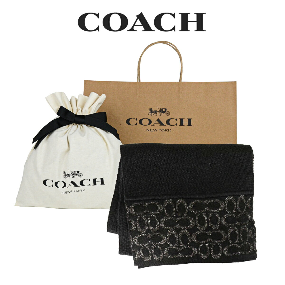 【コーチ巾着＆紙袋付き ラッピング済み】 ギフトセット コーチ COACH アウトレット レディース 小物 アパレル マフラー C5127 BLK(ブラック) シグネチャー