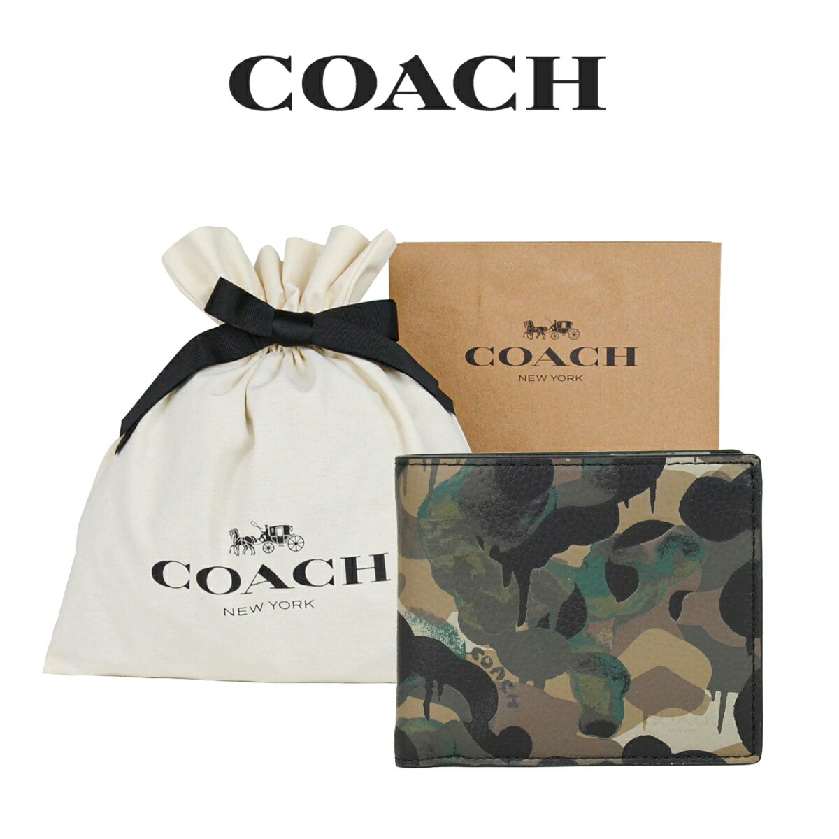 コーチ 【コーチ巾着＆紙袋付き・ラッピング済み】 ギフトセット コーチ COACH アウトレット メンズ 財布 二つ折り財布 C5354 GN/BL(グリーン×ブルー) カモフラージュ