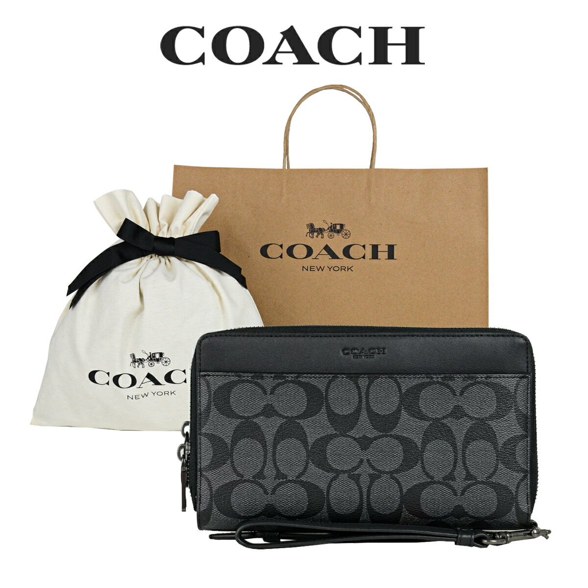 セカンドバッグ 【コーチ巾着＆紙袋付き・ラッピング済み】 ギフトセット コーチ COACH アウトレット メンズ バッグ セカンドバッグ オーガナイザー F66562 QBMI5(チャコール×ブラック) シグネチャー