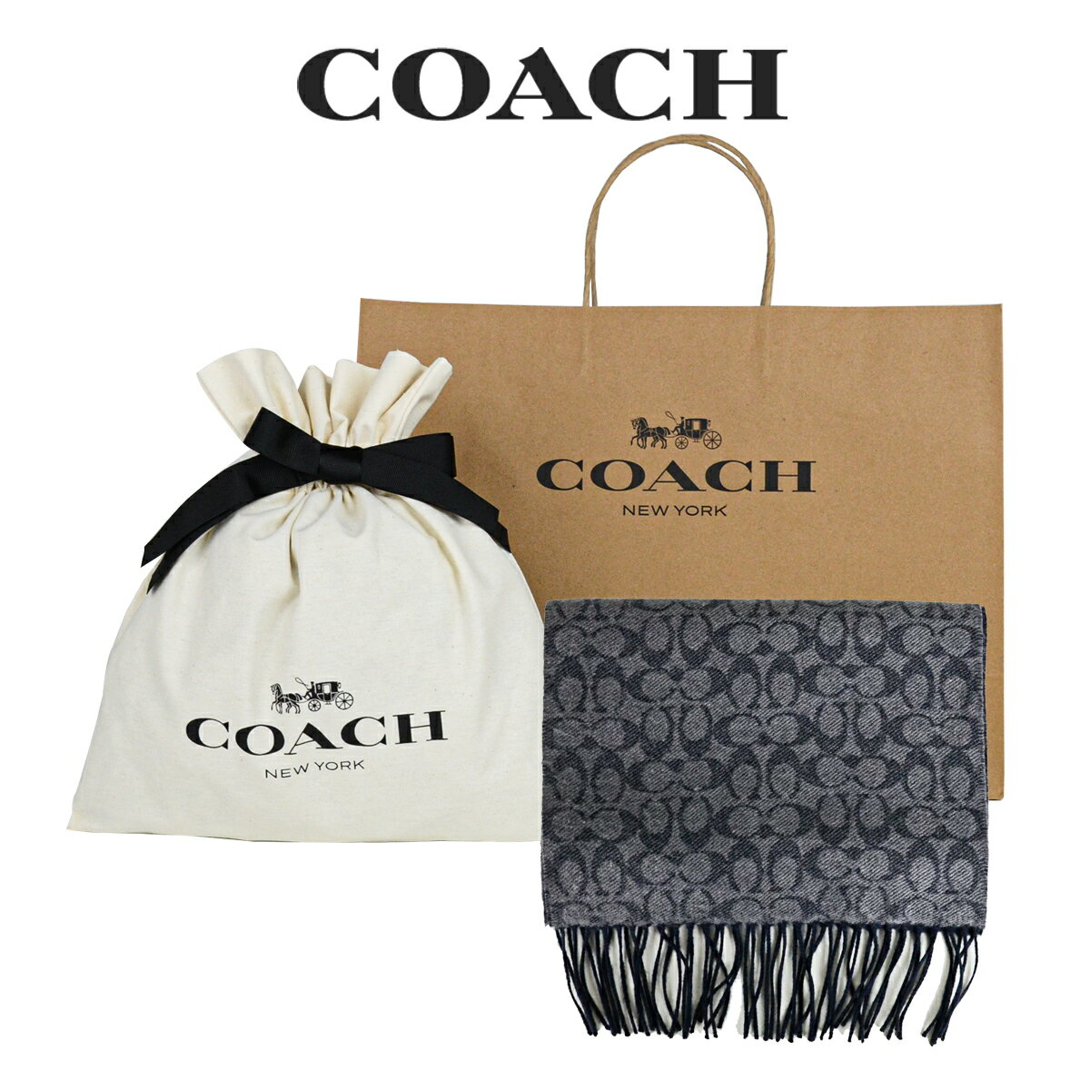 【コーチ巾着＆紙袋付き ラッピング済み】 ギフトセット コーチ COACH アウトレット メンズ 小物 アパレル マフラー 76057 SYJ(ミッドナイト ネイビー×グラナイト グレー) シグネチャー