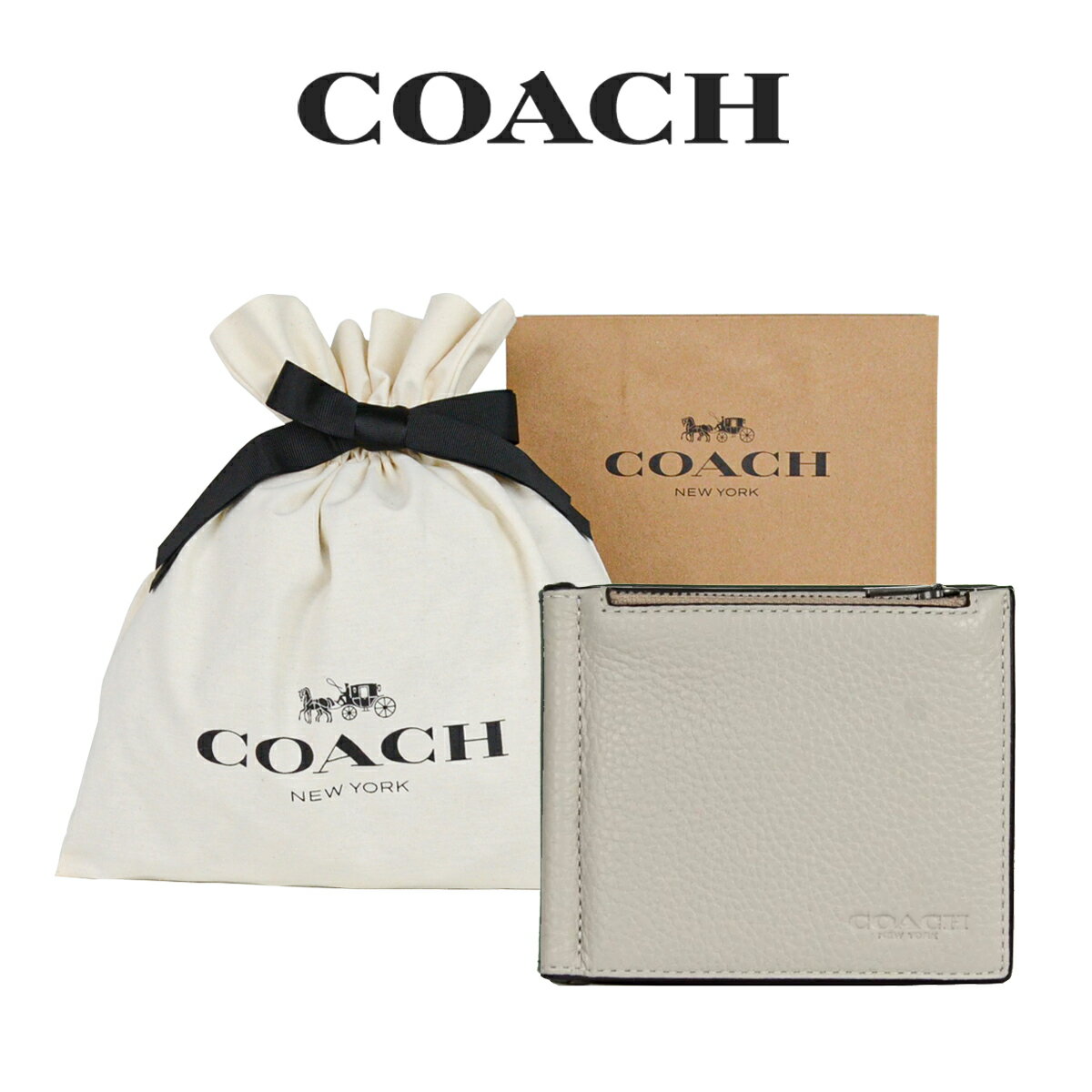 コーチ ★ 【コーチ巾着＆紙袋付き・ラッピング済み】 ギフトセット コーチ COACH アウトレット メンズ 財布 二つ折り財布 C8272 QBTY3(スチーム) グレージュ