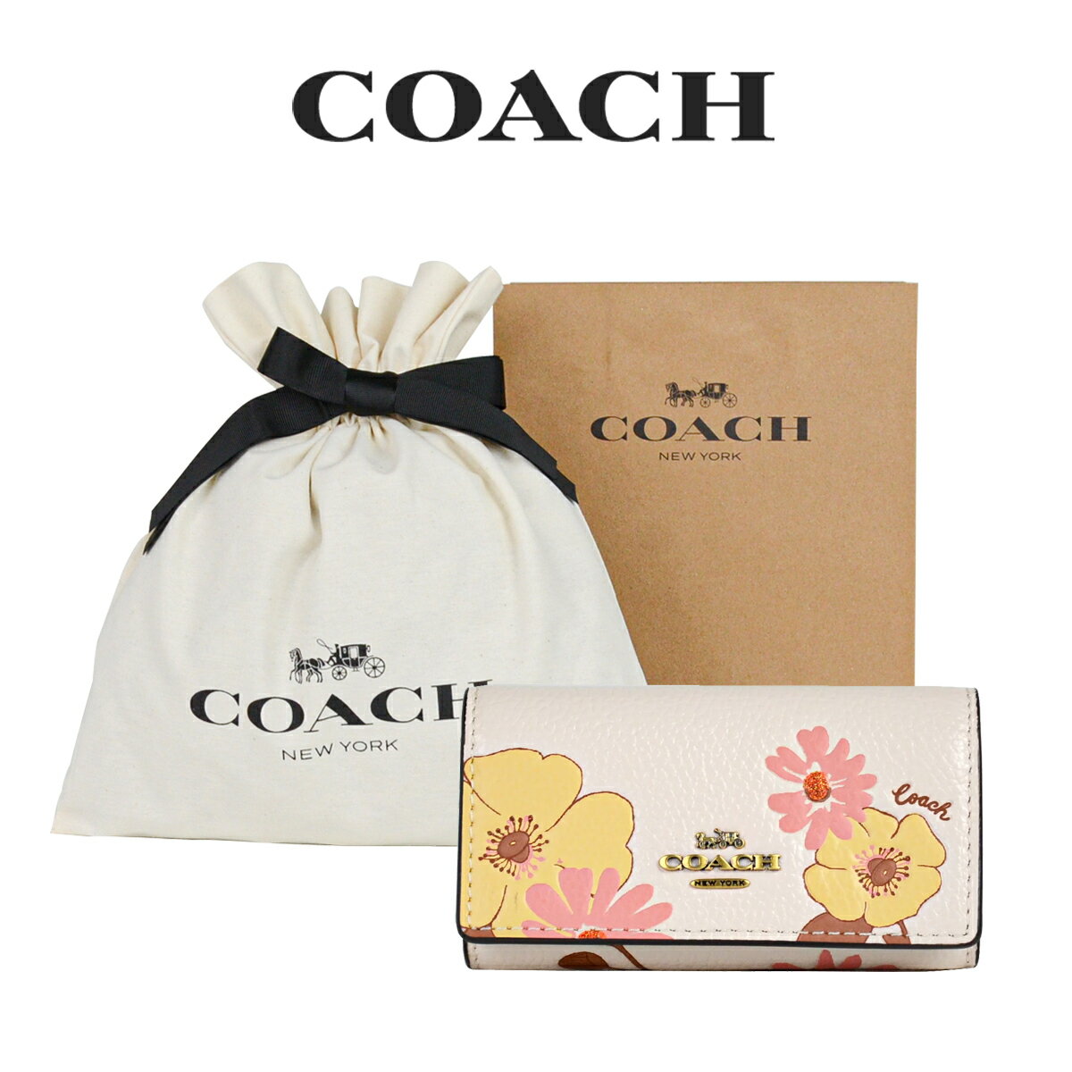 4℃ キーケース ★ 【コーチ巾着＆紙袋付き・ラッピング済み】 ギフトセット コーチ COACH アウトレット レディース 小物 キーケース C9035 B4CAH(ブラス×チョーク マルチ) 花柄