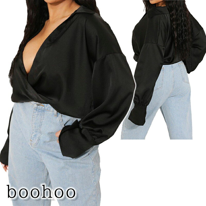 ブーフー boohoo Plus Plunge Wrap Front Satin Blouse 長袖 ブラック トップス ロゴ ストリート レディース ユニセックス MZZ35705 [衣類] ユ00582