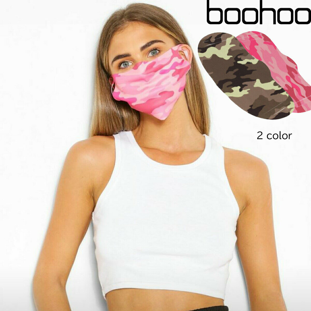 ブーフー boohoo 布マスク Camo Fashion Face Mask カモ 迷彩 カーキ ピンク マスク ファッションマスク 洗える ロゴ 布 大きめ 大人用 男女兼用 おしゃれ かっこいい アクセサリー レディース メンズ ユニセックス ブランド イギリス asos[衣類]