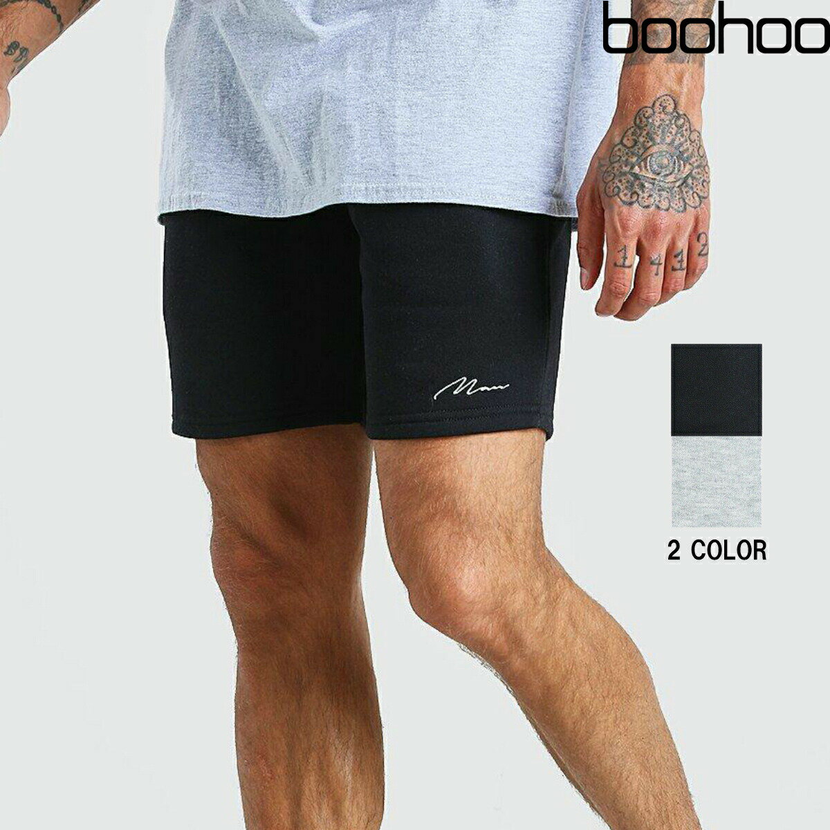 ブーフー boohoo Man Signature Mid length jersey short ブラック/グレー ショーツ ハーフパンツ ロゴ ショートパンツ スウェット パンツ メンズ 春 夏 おしゃれ イギリス asos mzz28593[衣類]