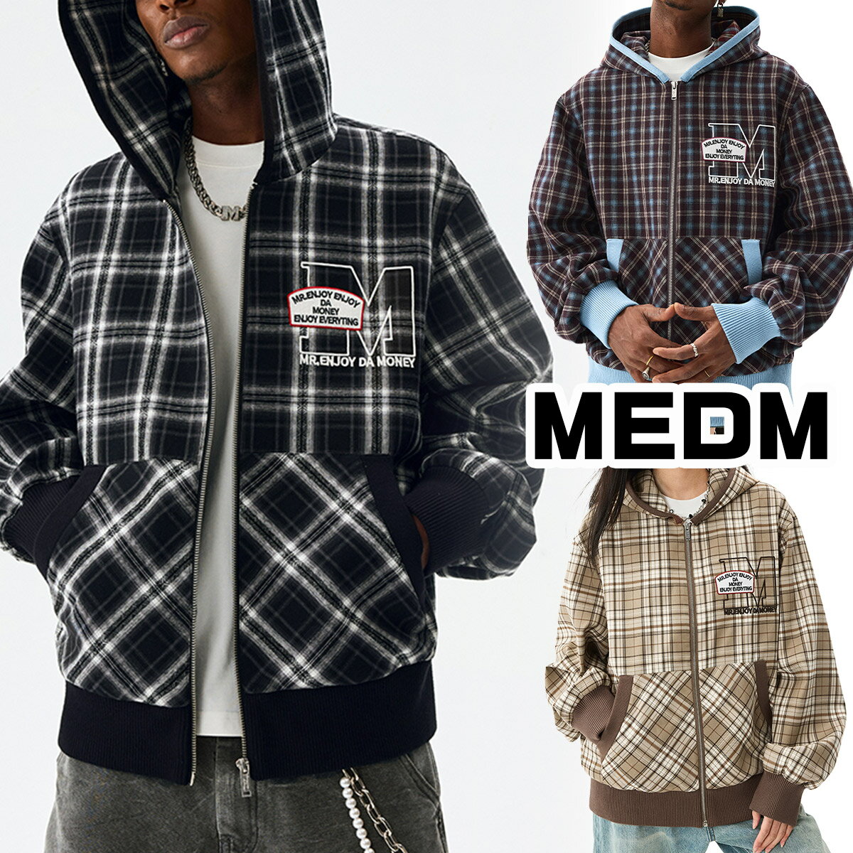 MEDM ミスターエンジョイダマネー フード付き チェック パーカー フルジップ ジャケット ロゴ アウター アメリカン ストリート ヒップホップ トレンド 刺繍 長袖 トップス メンズ レディース ユニセックス[衣類]ユ00572