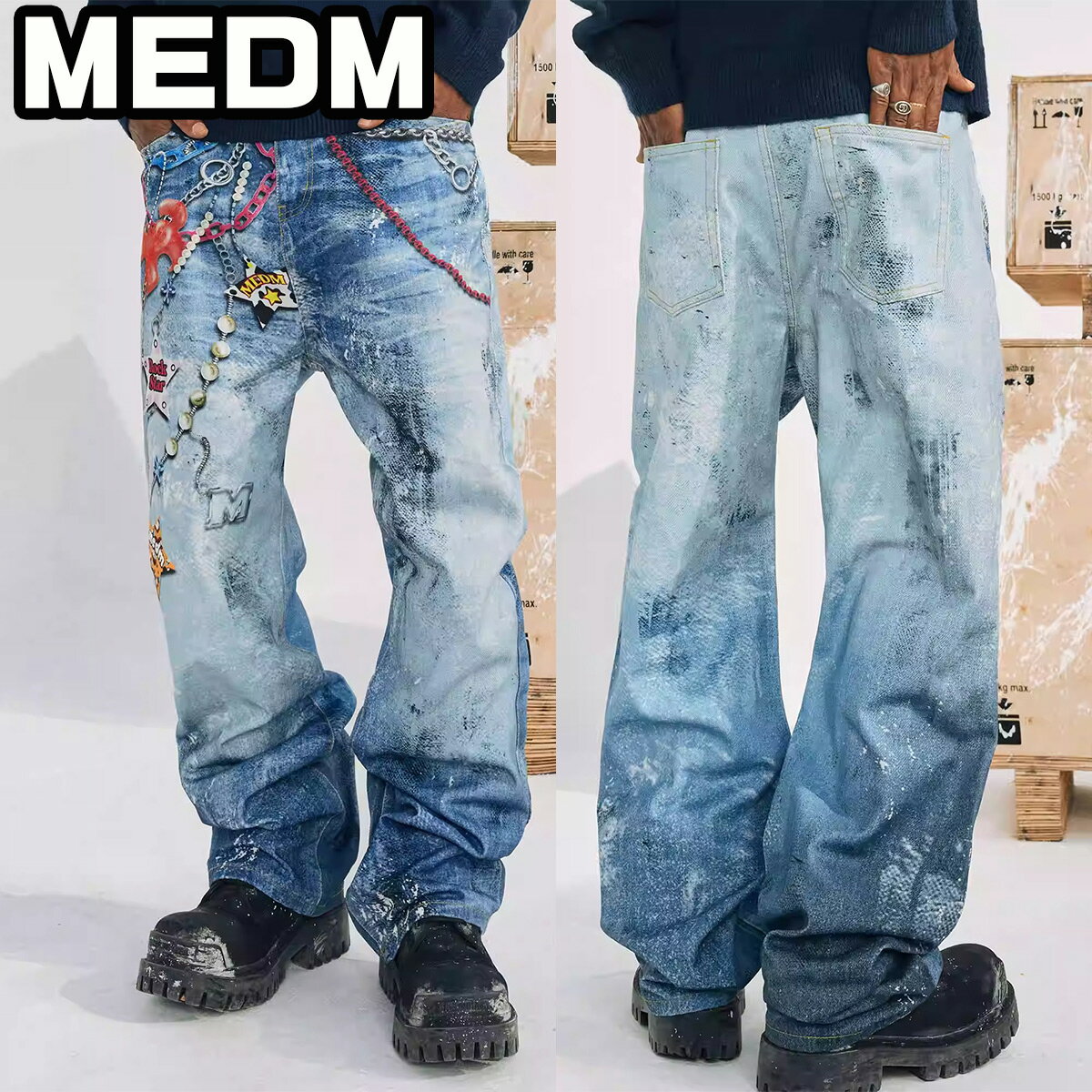 MEDM デニム ミスターエンジョイダマネー ネックレスプリント ジーンズ メンズ アメリカン ストリート ..