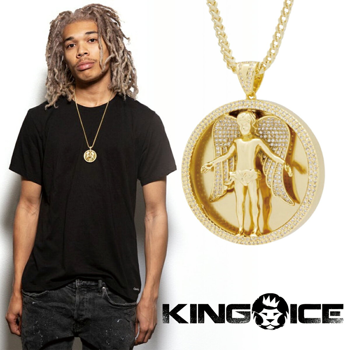 KING ICE LOACX lbNX `F[ ANGEL MEDALLION NECKLACE 14kS[h  WHITE GOLD lC[ANZT[]