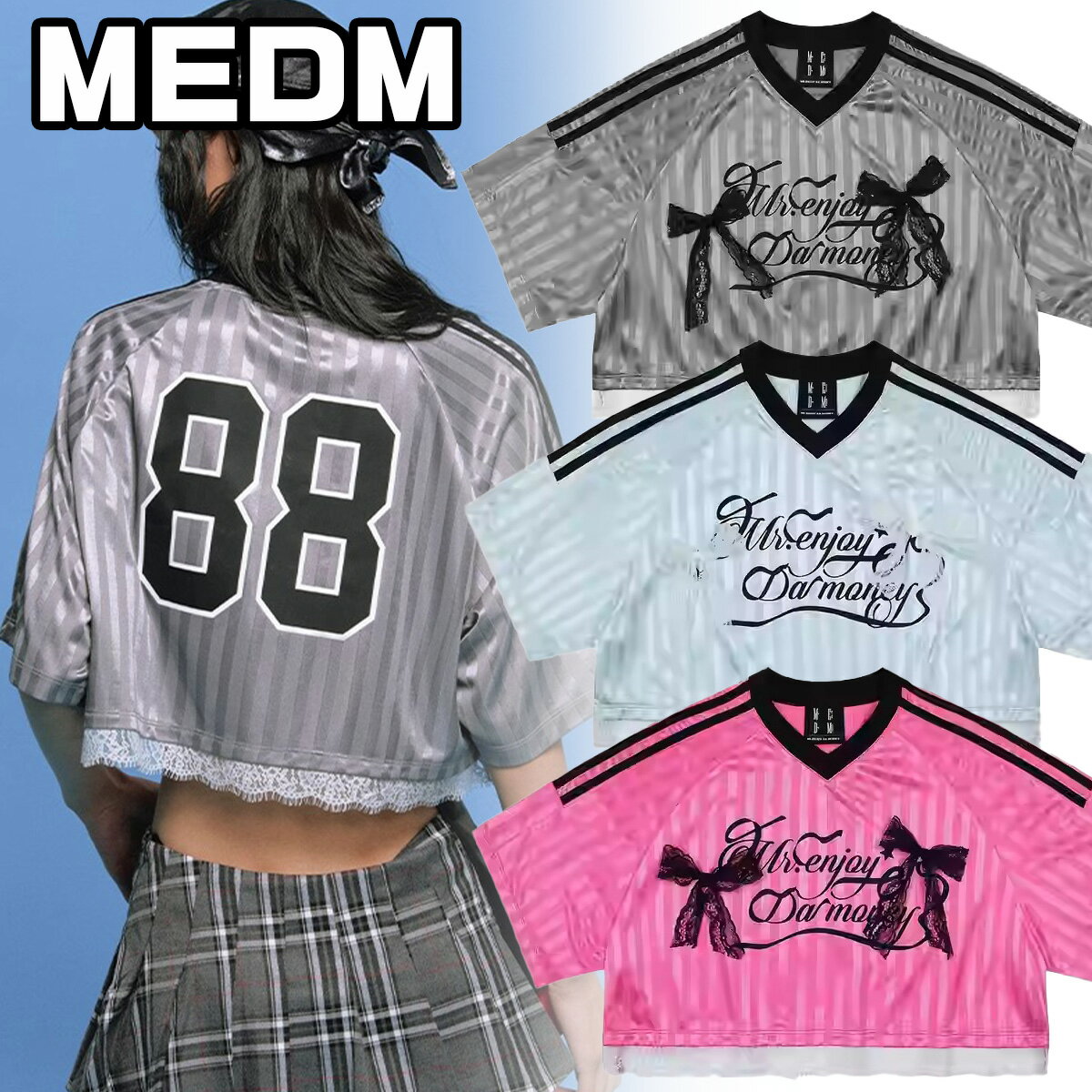 MEDM Tシャツ ミスターエンジョイダマネー ストリート 半袖 ストライプ ロゴ LOGO ヒップホップ カジュアル トップス レディース [衣類]ユ00582