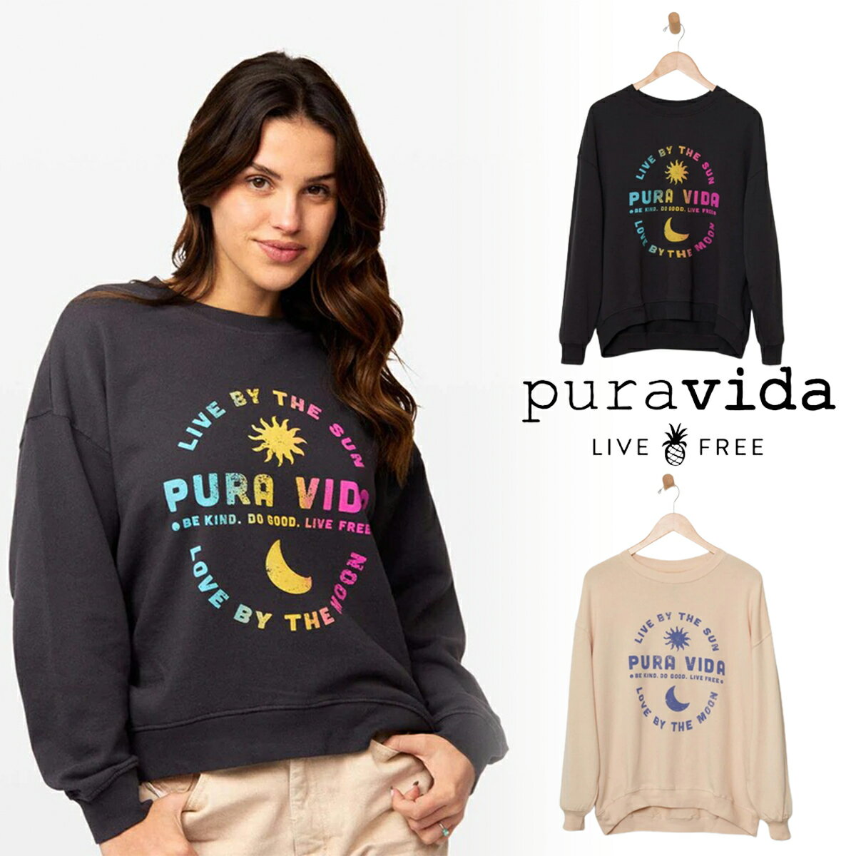 【ブランド】 puravida プラヴィダ 【モデル】 LIVE BY THE SUN OVERSIZED CREW FLEECE 【カラー】 ・VINTAGE BLACK ・ALMOND 【サイズ】 ・XS ・S ・M ・L ・XL ・XXL ・XXXL 【素材】 ・100％オーガニックコットン [Pura Vida(プラ ヴィダ) とは] 2010年9月にカリフォルニアのサンディエゴで設立されたブランドです。 デザイナーはPaul Goodmanと、Griffin Thallaで、2人の出会いはコスタリカでサーフィンをしていた時、地元アーティストに働いてもらうことで雇用に貢献したい（フェアトレード）というコンセプトでスタートしました。 デビッド・ベッカムなどのセレブにも愛用されアメリカの多くのサーフショップでセレクトされている大注目のブランドです。 日本では雑誌safari（サファリ）やoseans（オーシャンズ）でも掲載され、人気急上昇中です。