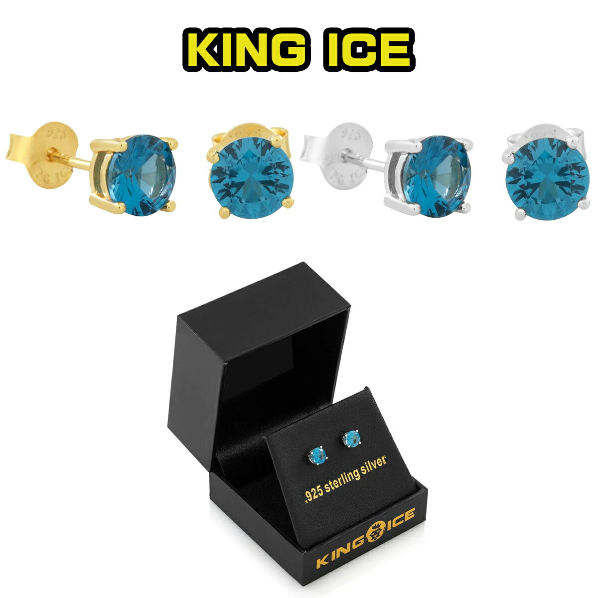 KING ICE キングアイス ピアス 両耳 6MM Blue Brilliant-Cut Stud Earrings 14kゴールド 金 シルバー 2個セット メンズ ブランド 人気[アクセサリー]ユ00572
