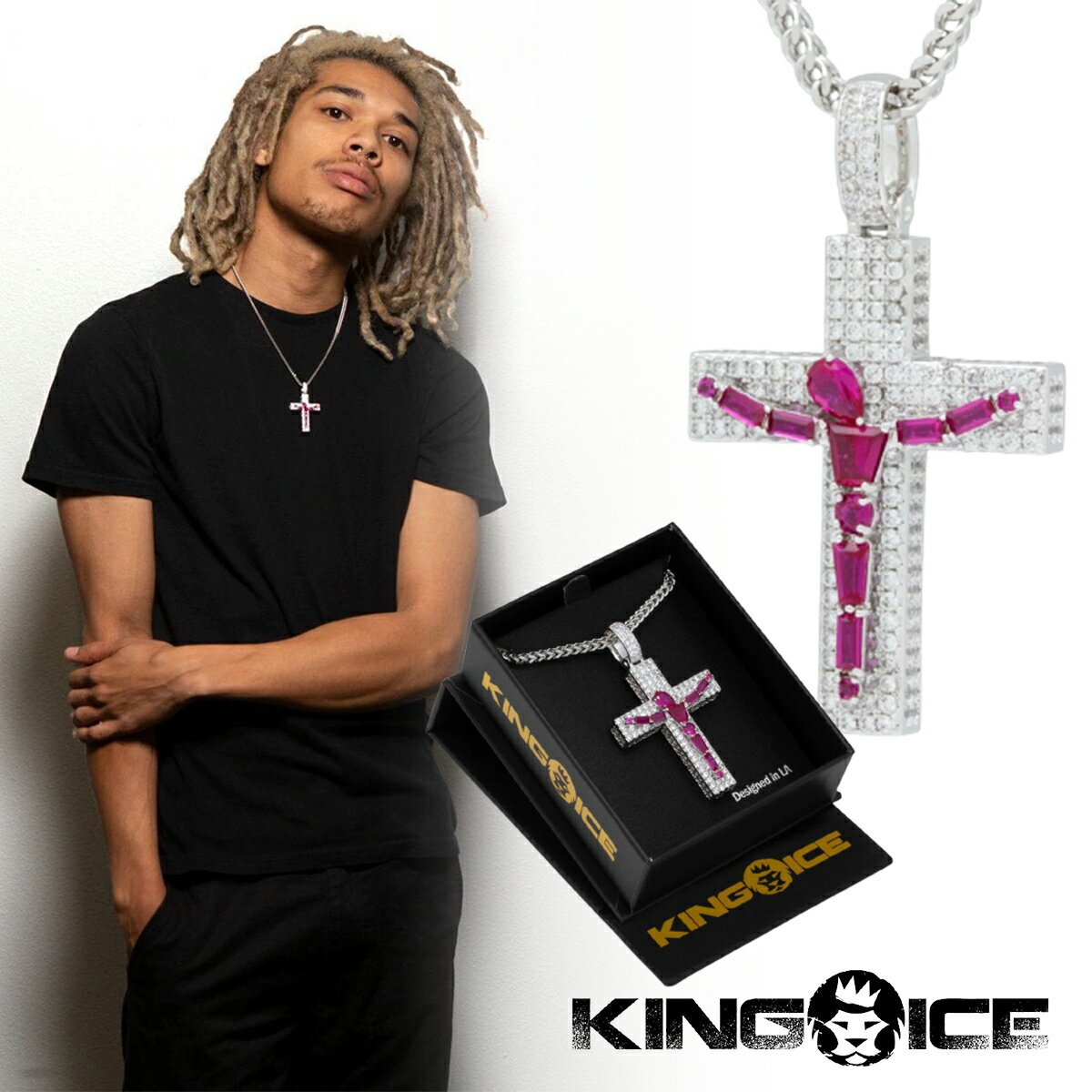 KING ICE キングアイス ネックレス チェーン MAGENTA CRUCIFIX CROSS NECKLACE 14kゴールド 金 WHITE GOLD 人気[アクセサリー]