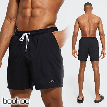 ブーフー 水着 boohoo RECYCLED MAN SIGNATURE MID LENGTH SWIM SHORTS ブラック 海パン スイムウェア サーフパンツ ショーツ ショートパンツ メンズ [衣類]